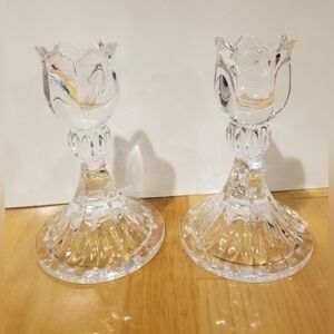 Set of 2 Mikasa Candle Holders Sticks Roses Shape Ambassador Crystal Slovenia